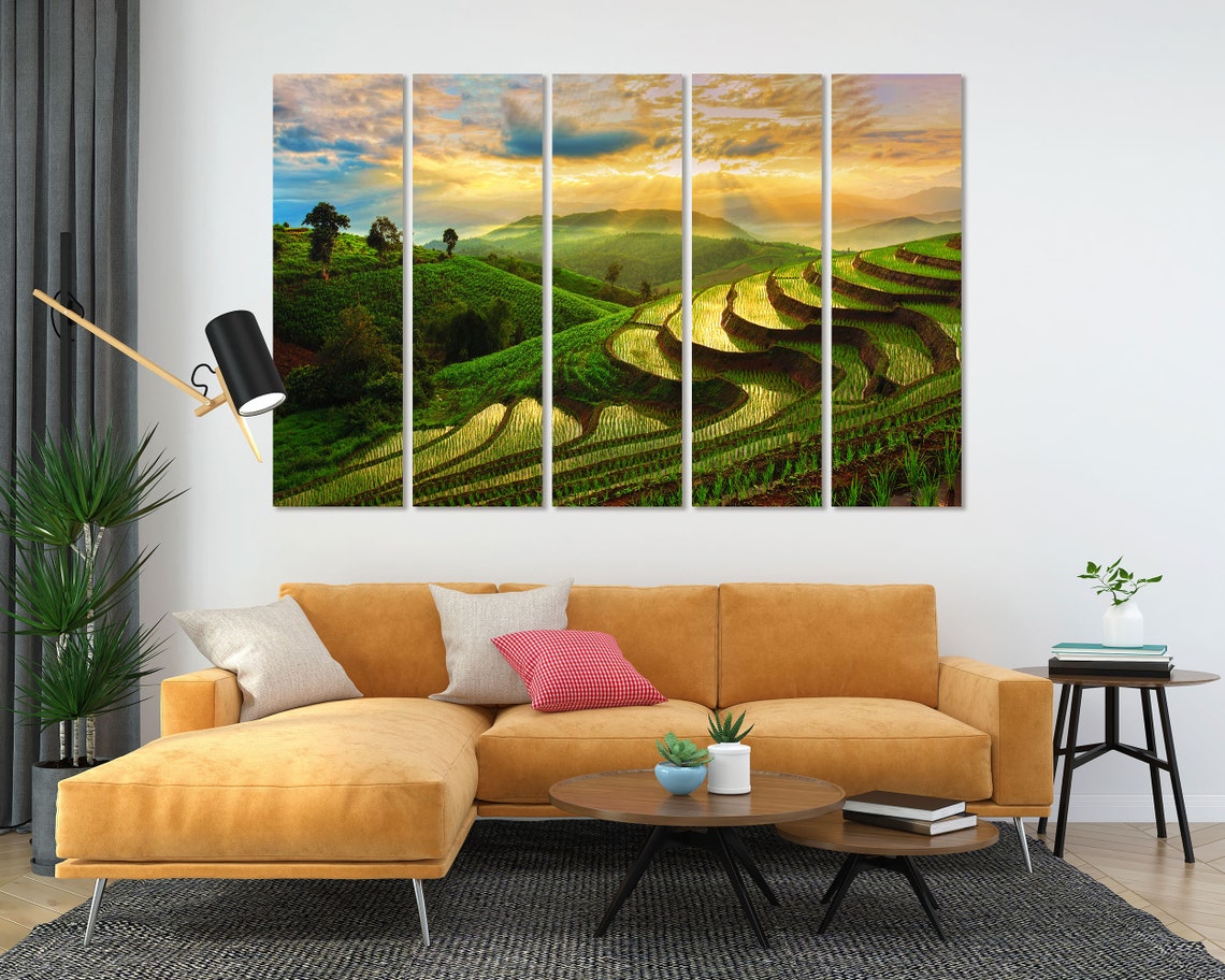 Terraced Rice Fields Sunset Misty Green Hills Golden Light Poster - Image 5