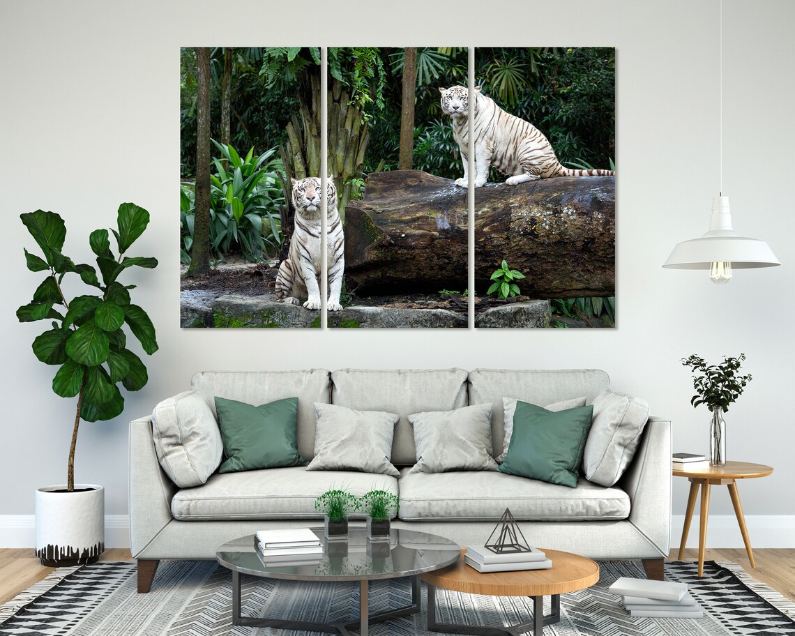 White Bengal Tigers Jungle Rocks Wildlife Photography Wall Decor Poster - Image 3