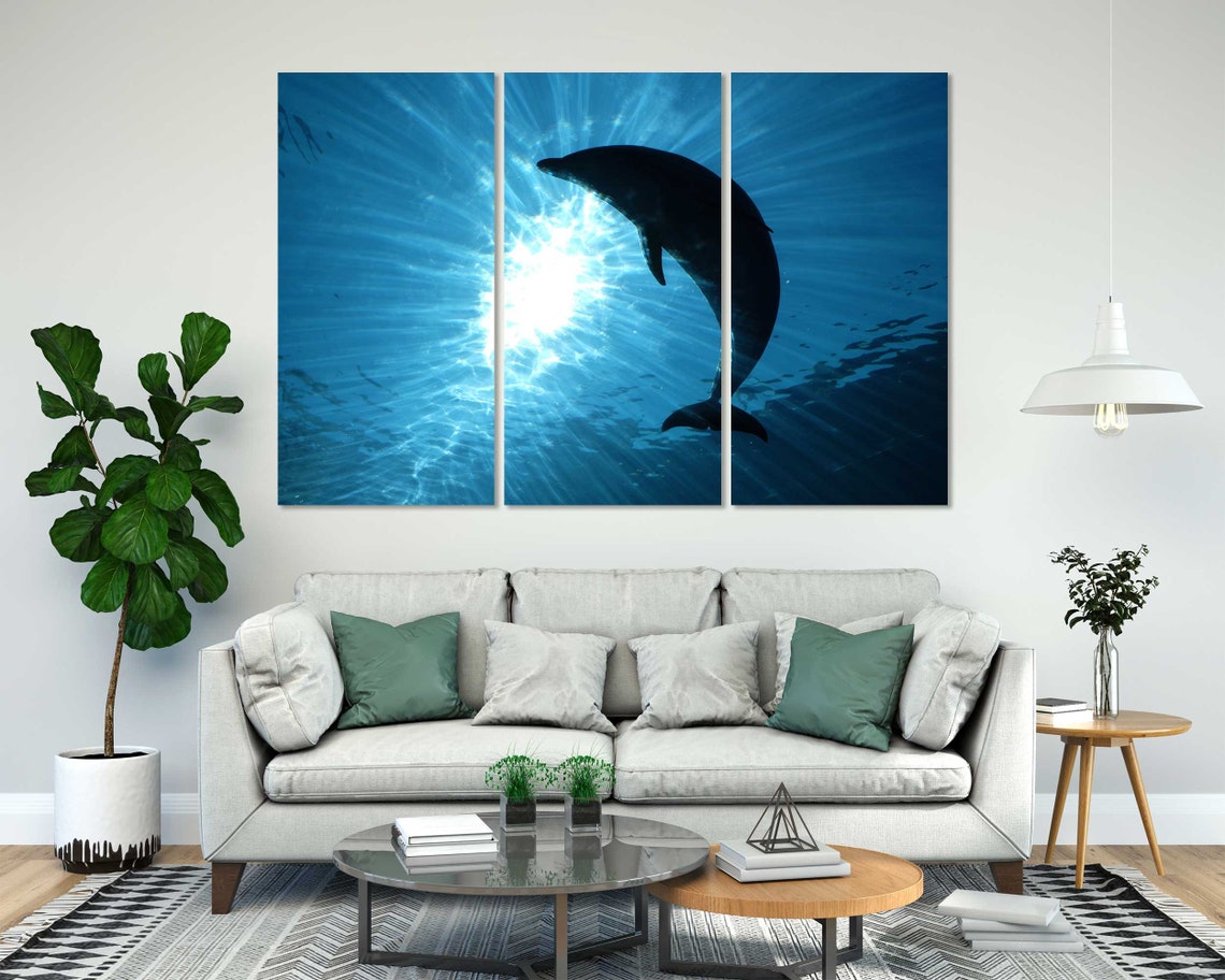 Dolphin Silhouette Leaping Under Sunbeams Ocean Blue Wall Poster - Image 7