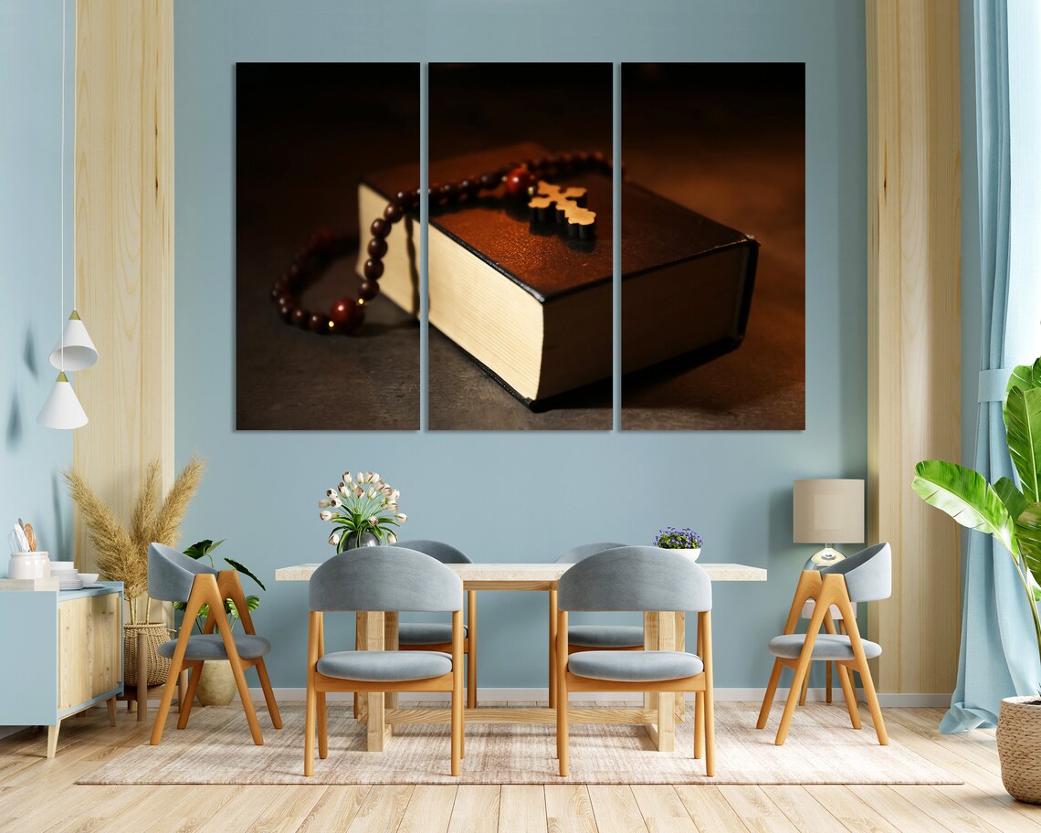 Rosary Beads And Wooden Cross On Bible Dark Warm Light Spiritual Poster - Image 3