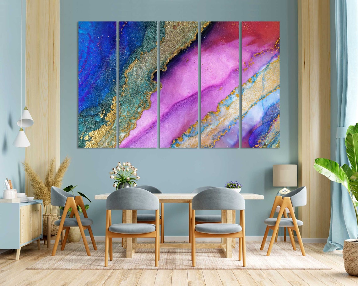 Purple Pink Blue Gold Diagonal Marble Ink Flow Wall Art Poster - Image 3