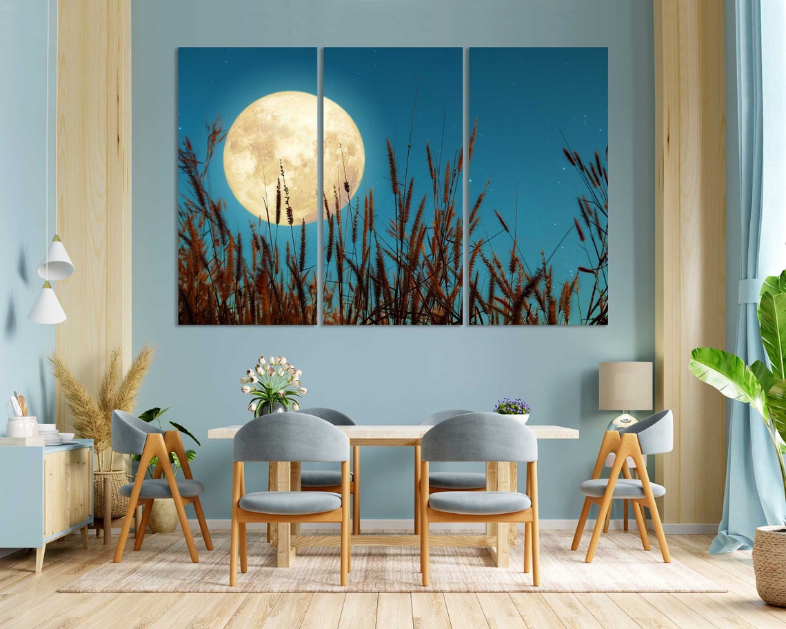 Full Moon Rising Over Tall Grass Field Starry Night Sky Nature Poster - Image 3