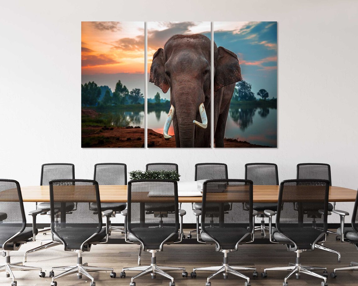 Elephant With Tusks At Sunset By The Lake Wildlife Photo Poster - Image 4