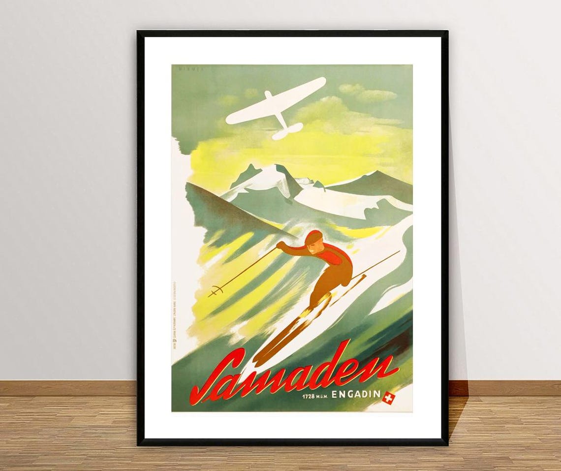 Samaden Engadin Swiss Skiing Downhill Racer Vintage Travel Poster - Image 2