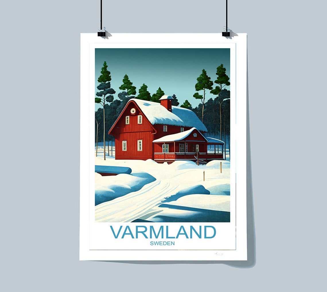 Varmland Sweden Snowy Red Cabin Winter Forest Vintage Travel Poster - Image 3