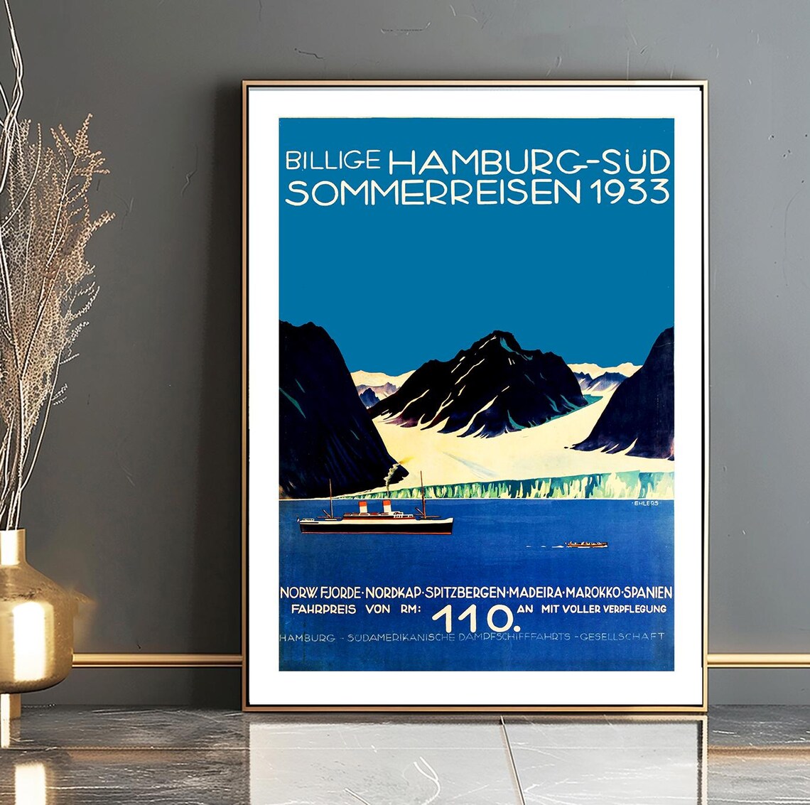 Hamburg Sud 1933 Summer Cruises Vintage Ocean Liner Travel Poster - Image 2