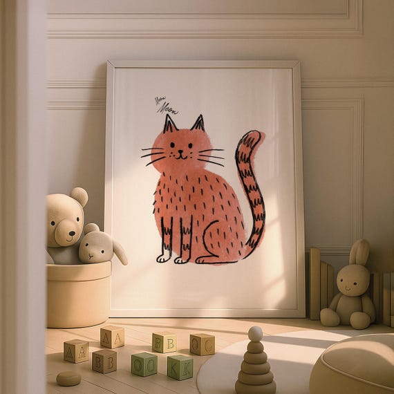 Cute Cat Nursery Wall Art Print Baby Animal Prints Whimsical Illustration House Theme Kids Room Decor