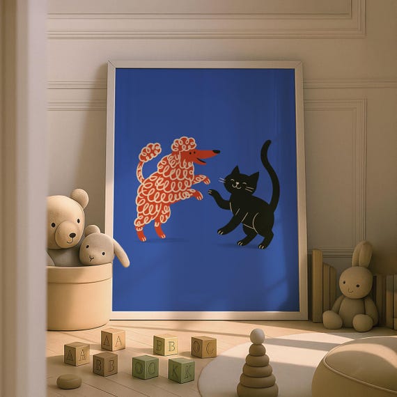 Cute Cat And Dog Nursery Wall Art Print Baby Animal Prints House Theme Kids Room Decor