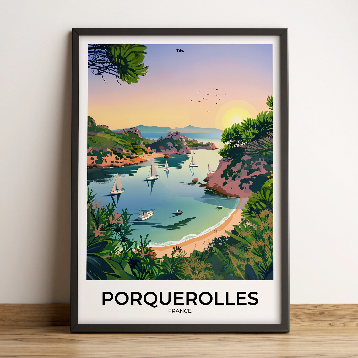 Porquerolles France Sunset Sailboats Island Cove Travel Poster