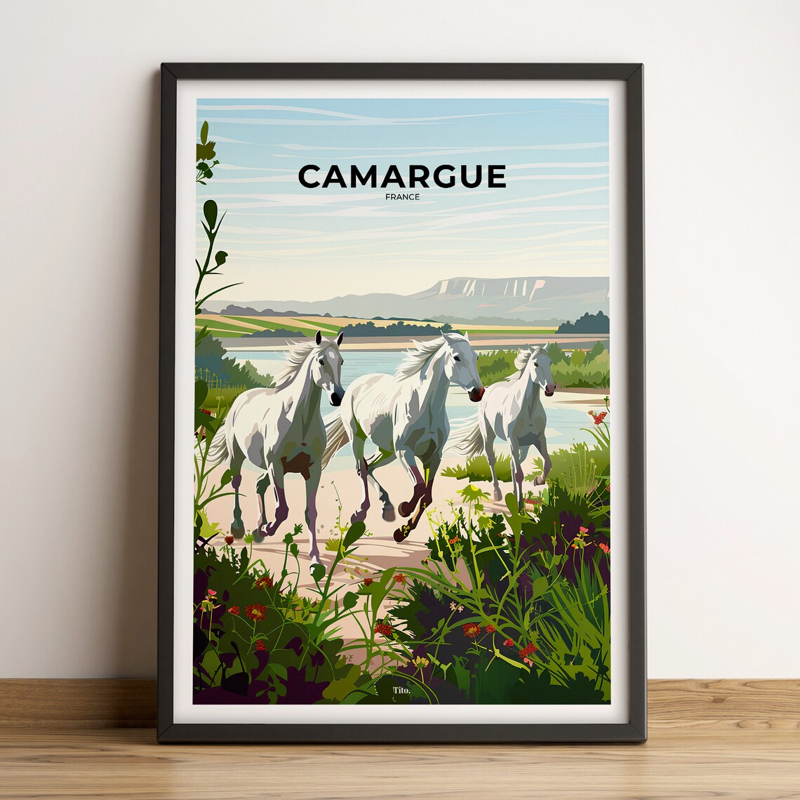 Camargue France Wild White Horses Wetland Meadow Scenic Travel Poster