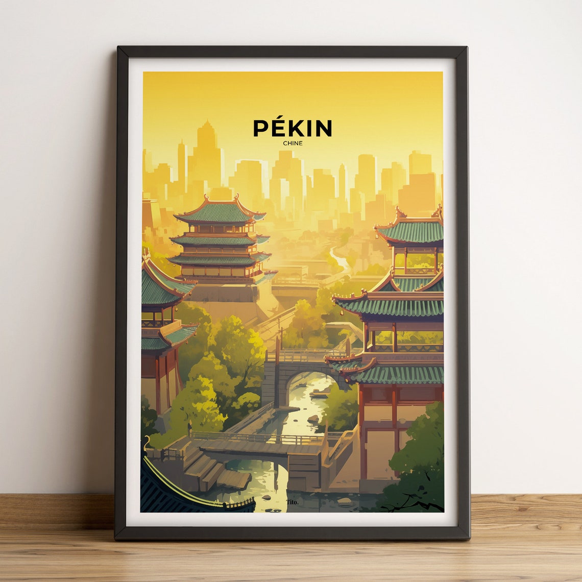 Beijing China Temples Old Town Canal Golden Skyline Vintage Poster