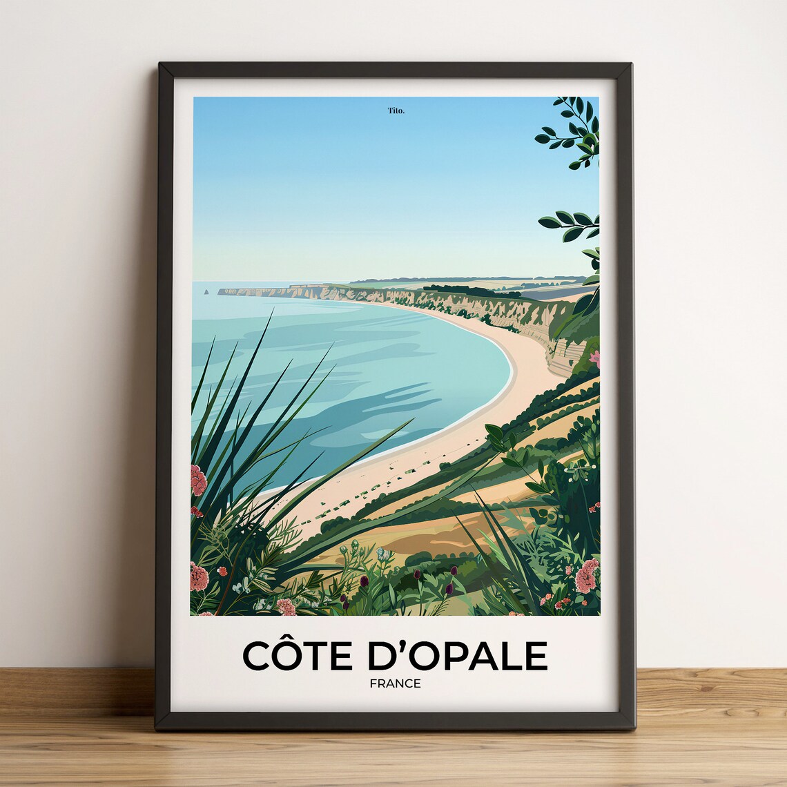 Cote dOpale France Sandy Beach Cliffs Wildflowers Travel Poster