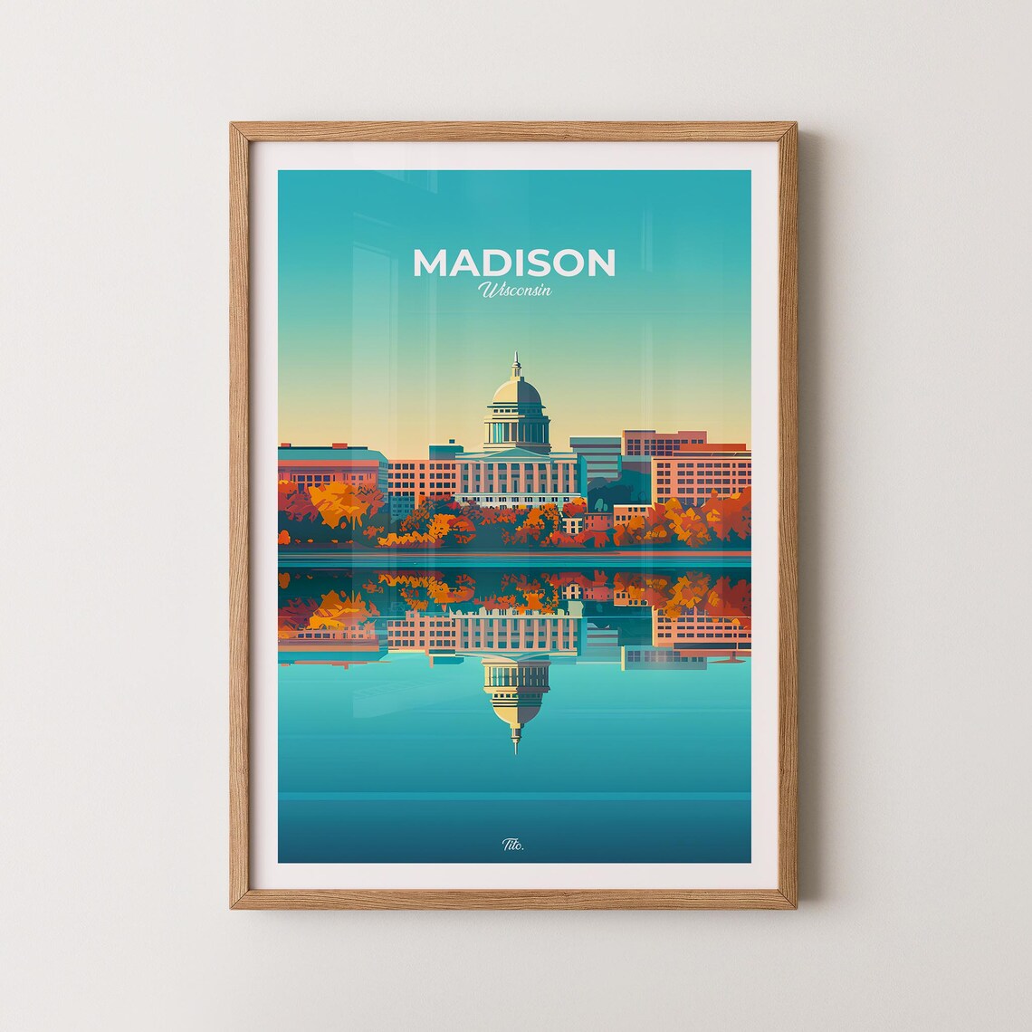 Madison Wisconsin Capitol Poster Autumn Lakefront Skyline Scene
