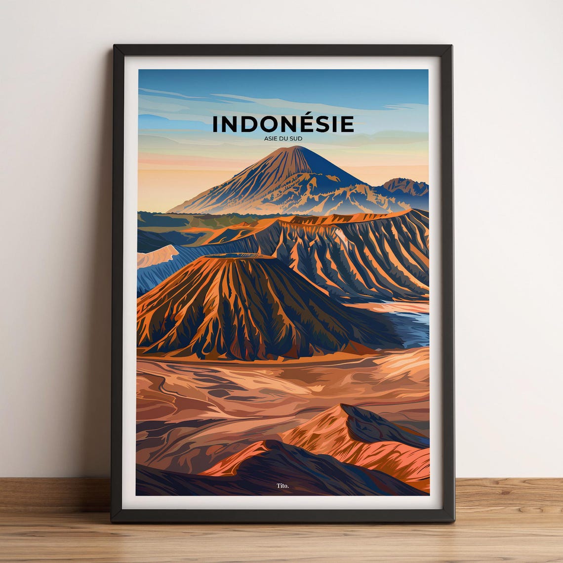 Indonesia Bromo Volcano Sunrise Landscape Retro Illustration Poster