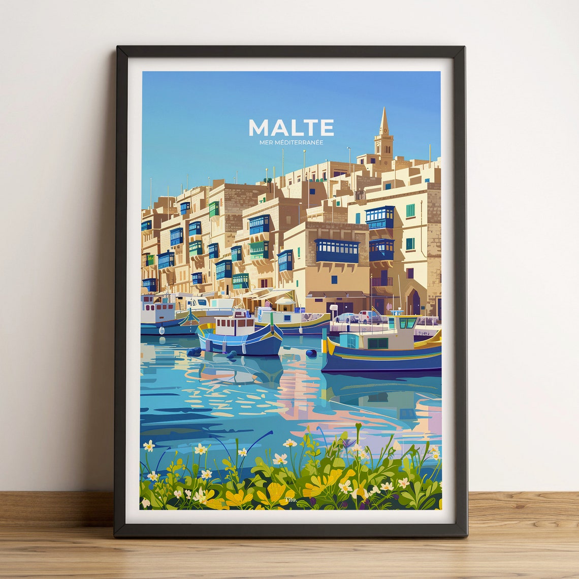 Malta Mediterranean Harbor Colorful Boats Waterfront Travel Poster