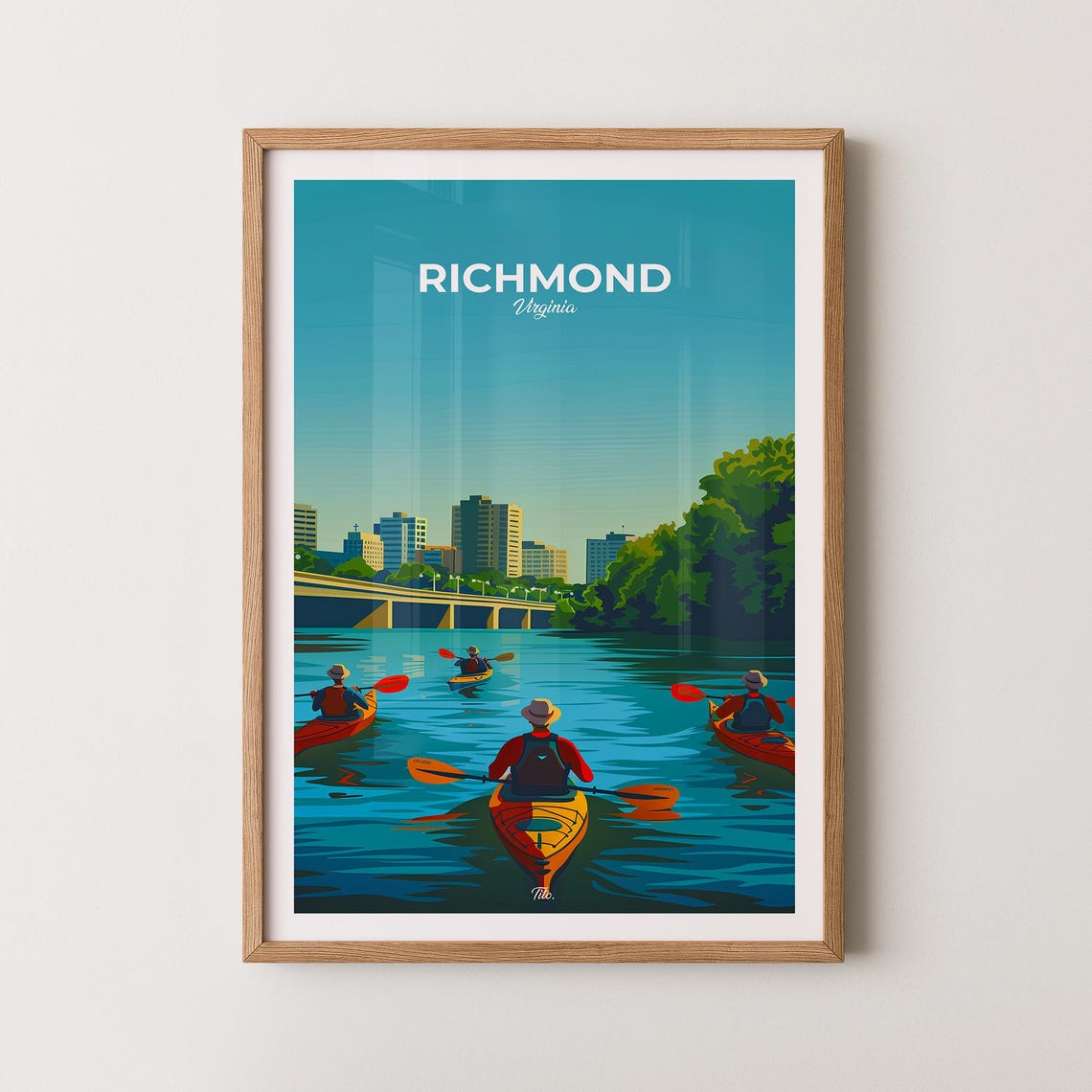 Richmond Virginia Travel Poster Kayaking River Skyline Bridge Art