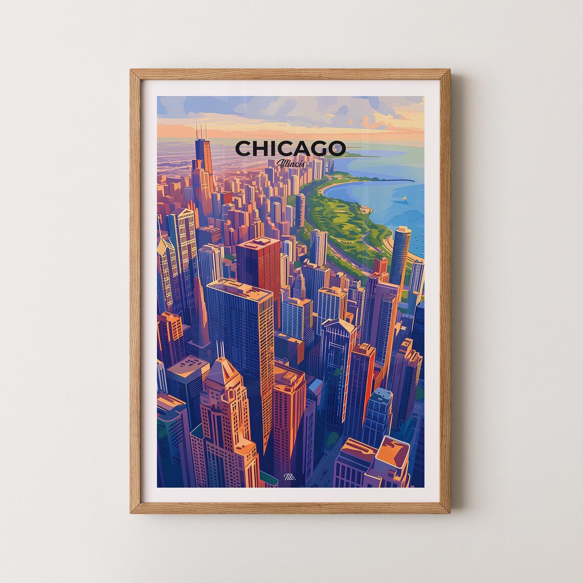 Chicago Illinois Aerial Skyline Lakefront Sunset Travel Poster