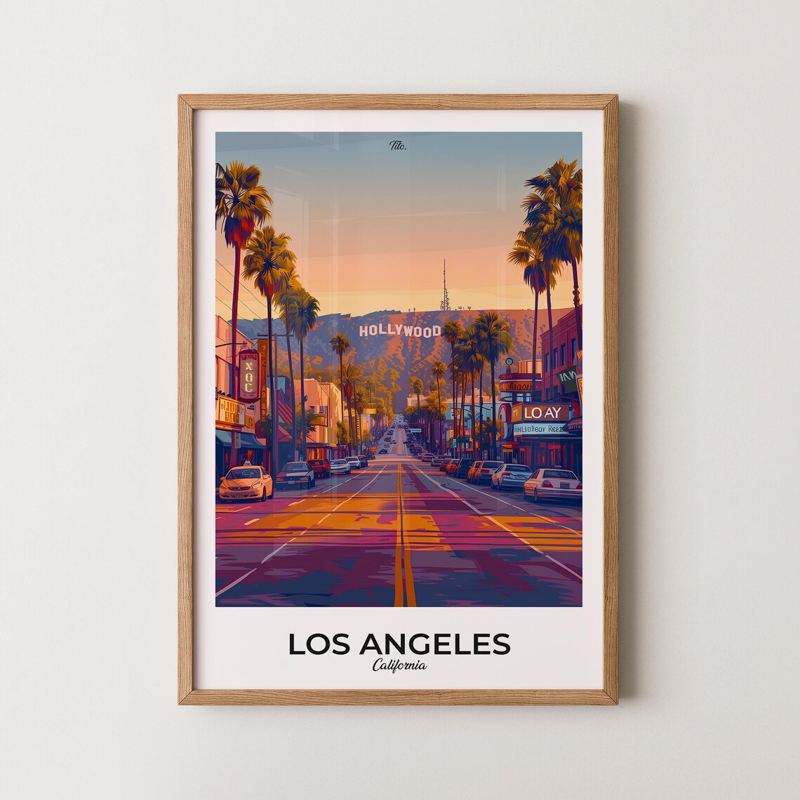 Los Angeles California Hollywood Sign Palm Street Sunset Poster