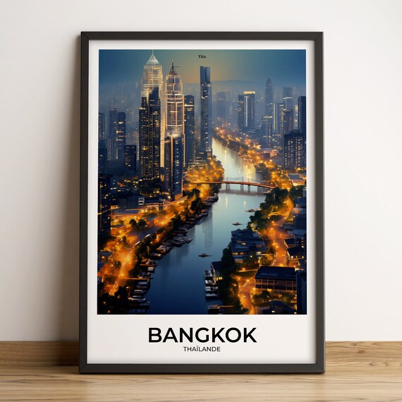 Bangkok Thailand River City Lights Bridge Night Travel Poster