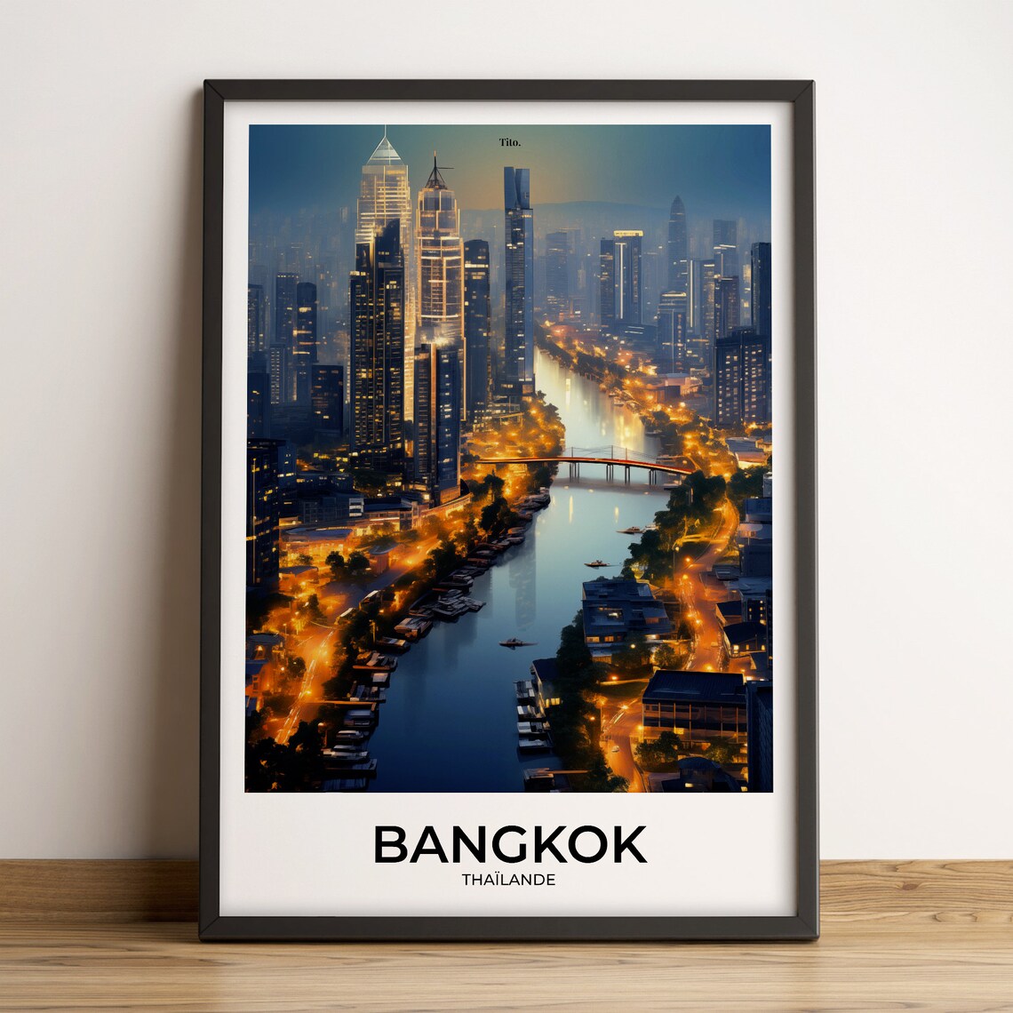 Bangkok Thailand River City Lights Bridge Night Travel Poster