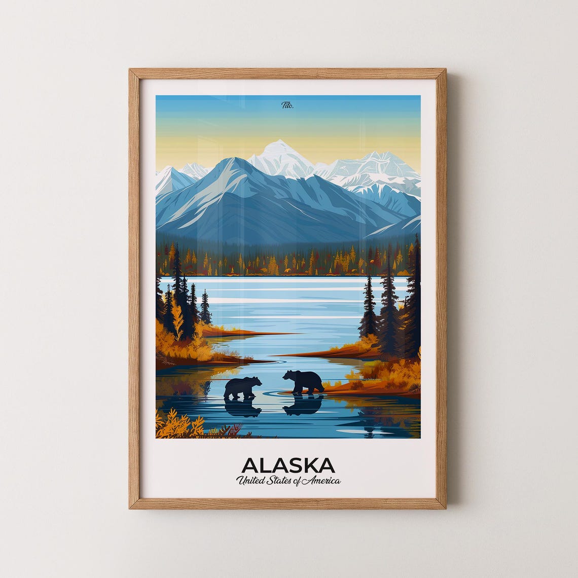 Alaska Snowy Mountain Lake with Bears Minimal Caption Poster