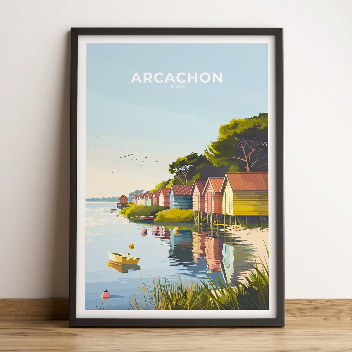 Arcachon France Wooden Stilt Cabins Waterfront Vintage Poster