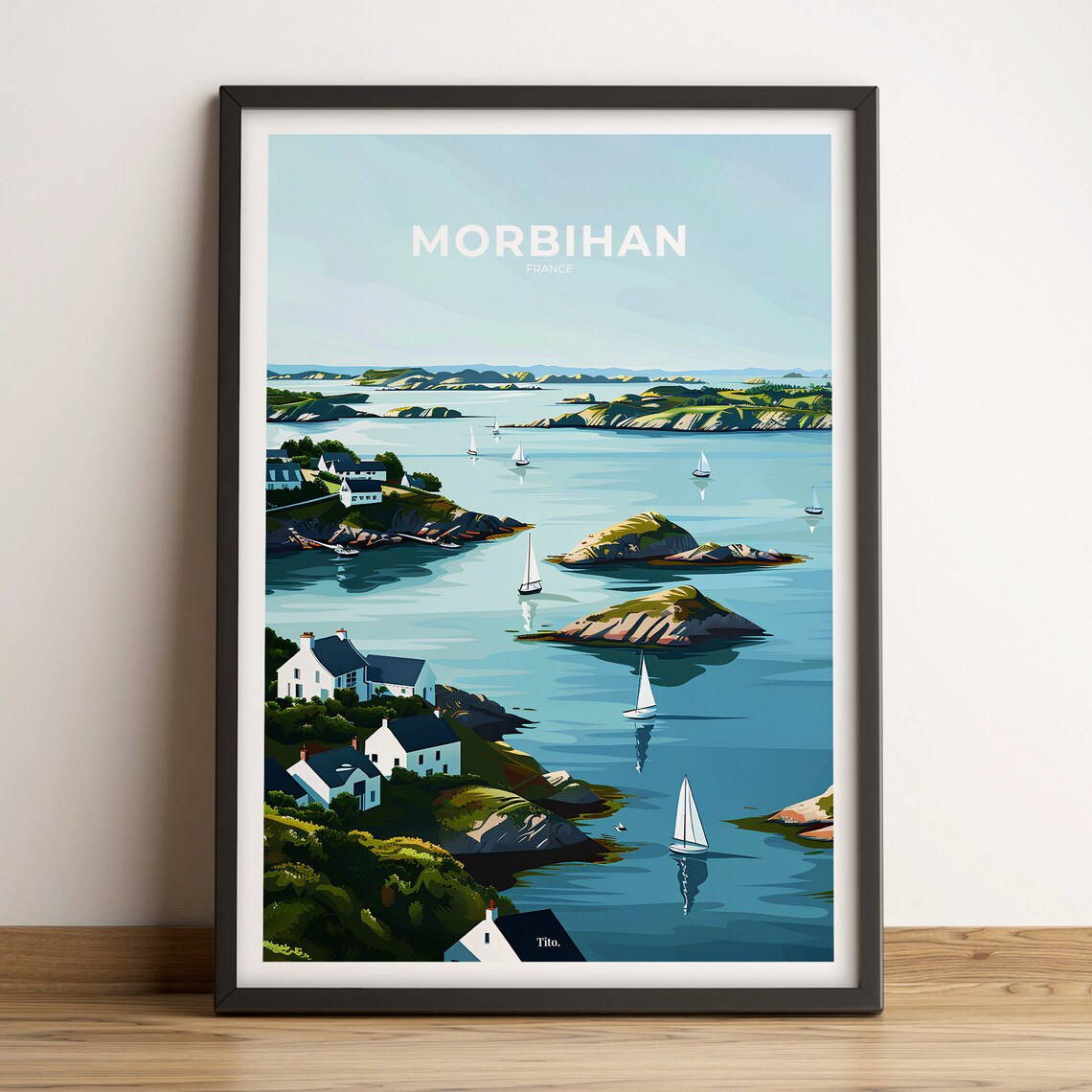 Morbihan France Travel Poster Brittany Coast Sailboat Village Art