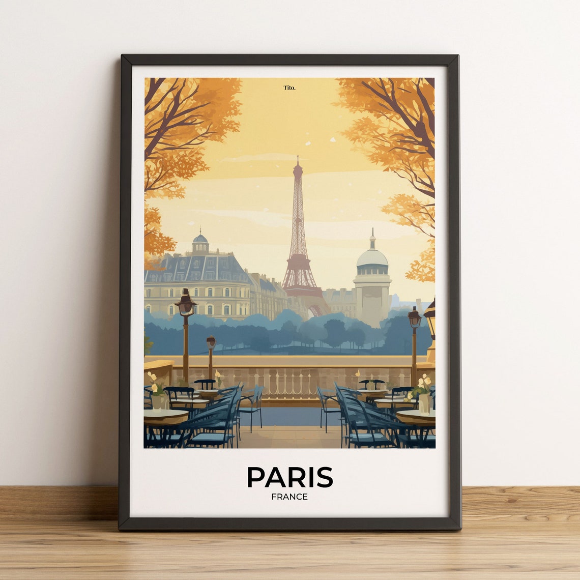 Paris France Eiffel Tower Cafe Terrace Autumn Illustrated Poster