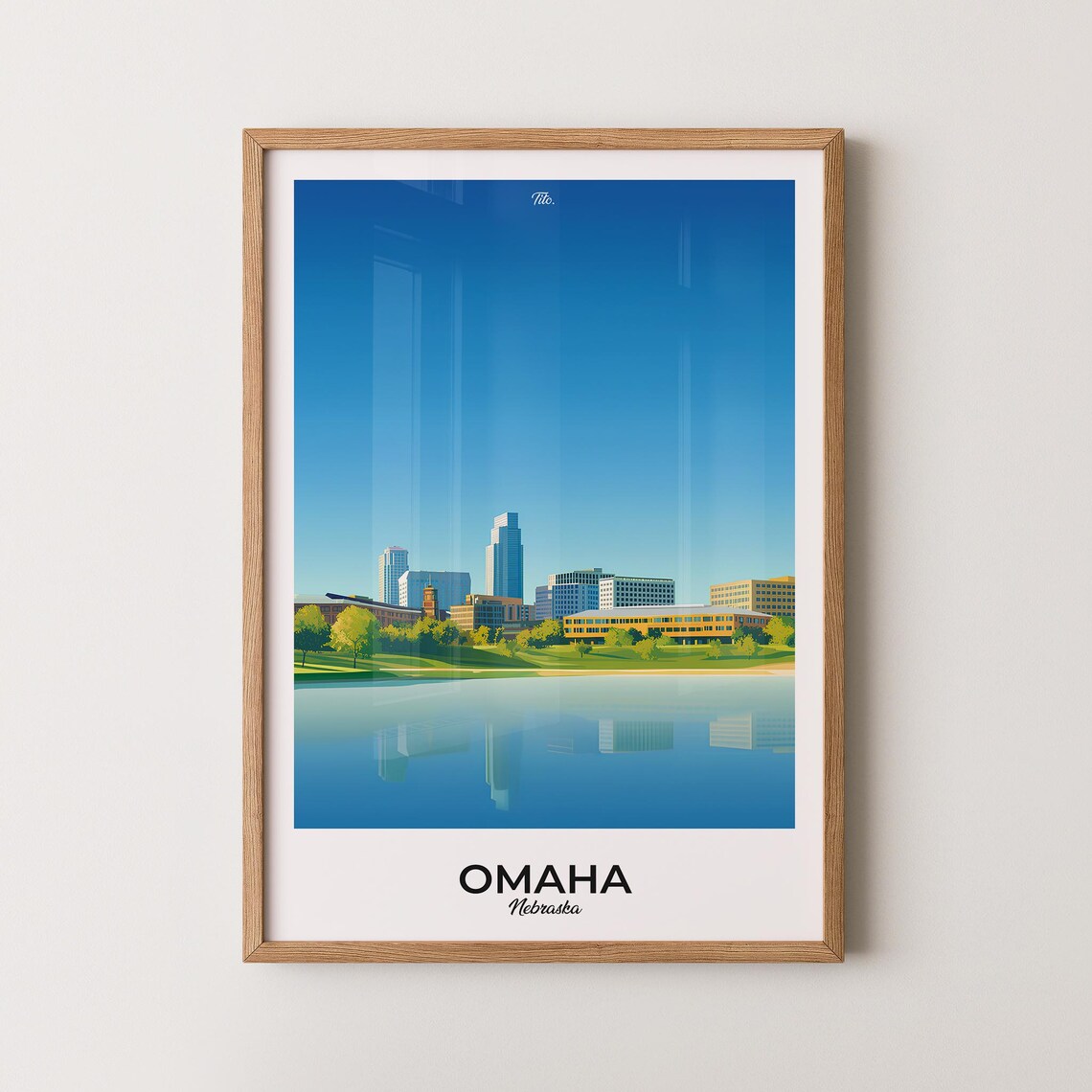 Omaha Nebraska City Skyline Mirror Lake Blue Sky Travel Poster
