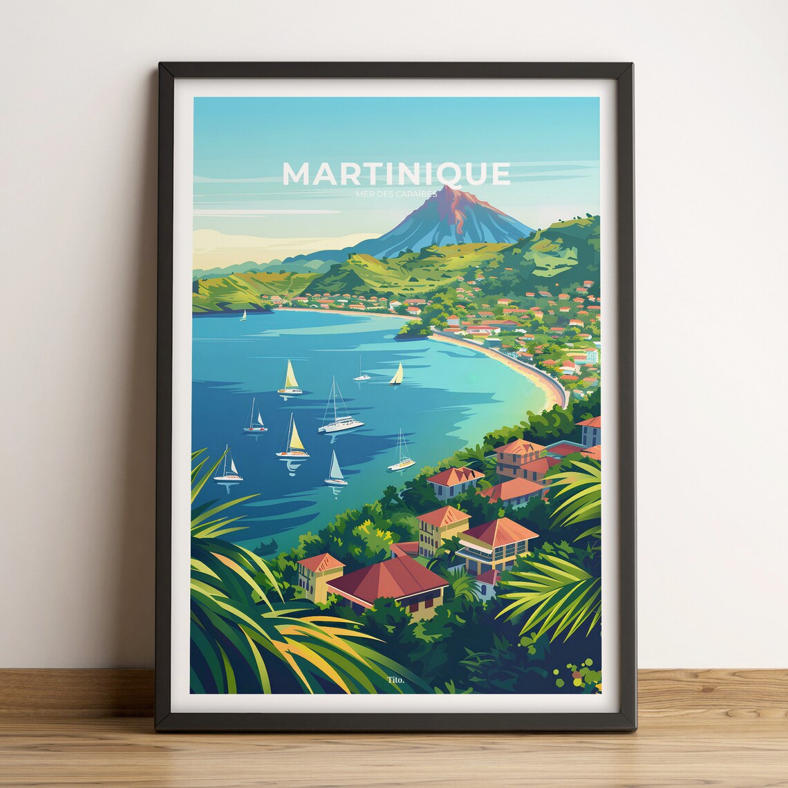 Martinique Caribbean Mount Pelee Bay Sailboats Retro Travel Poster