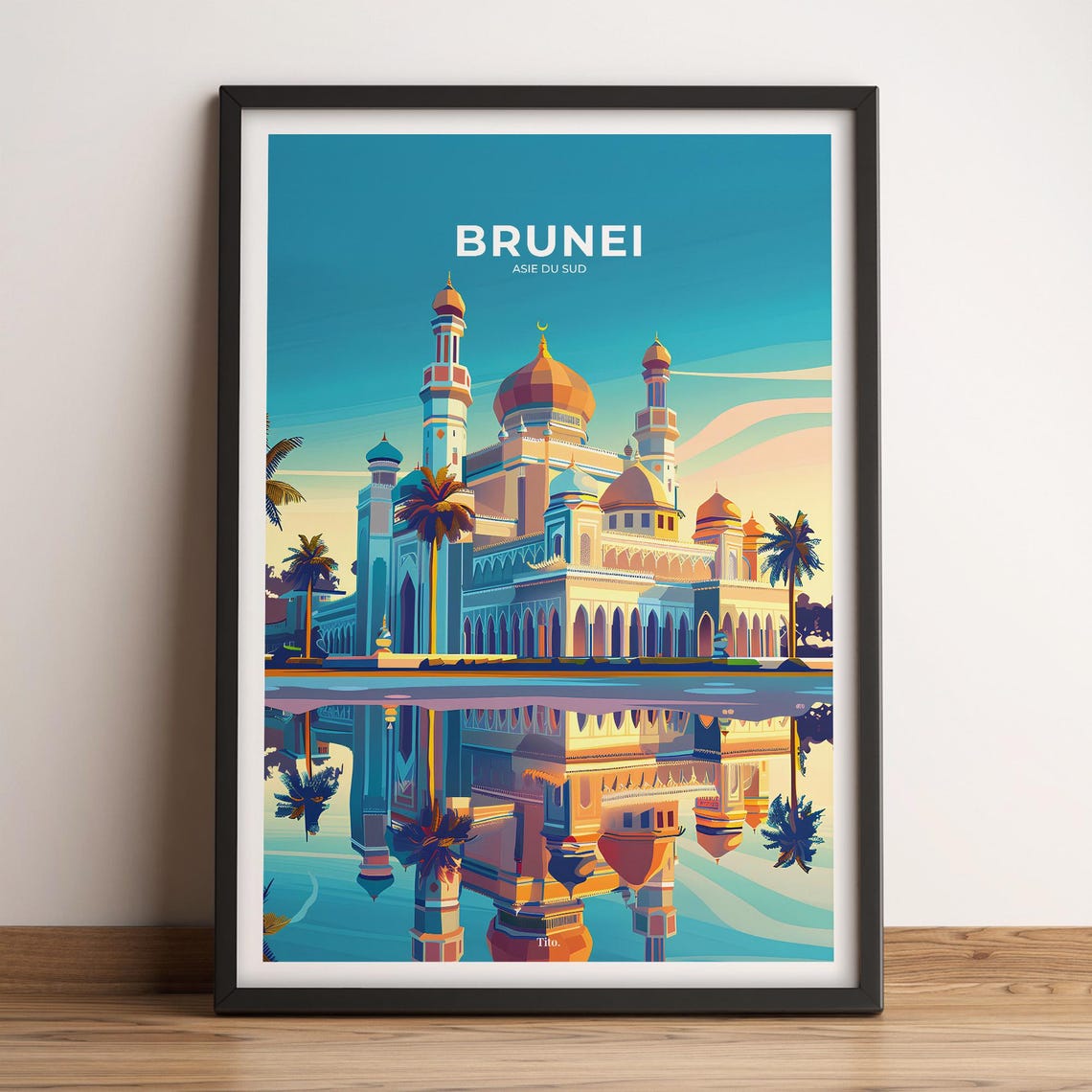 Brunei Mosque Reflection Palms Vintage Travel Poster Artwork