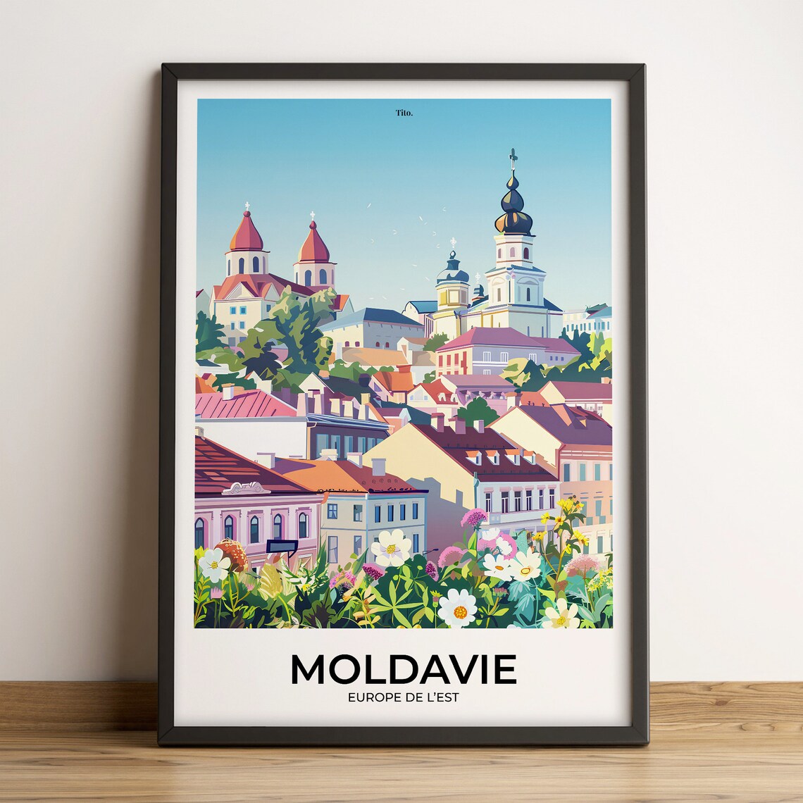 Moldova Old Town Hilltop Church Towers Wildflower Travel Poster