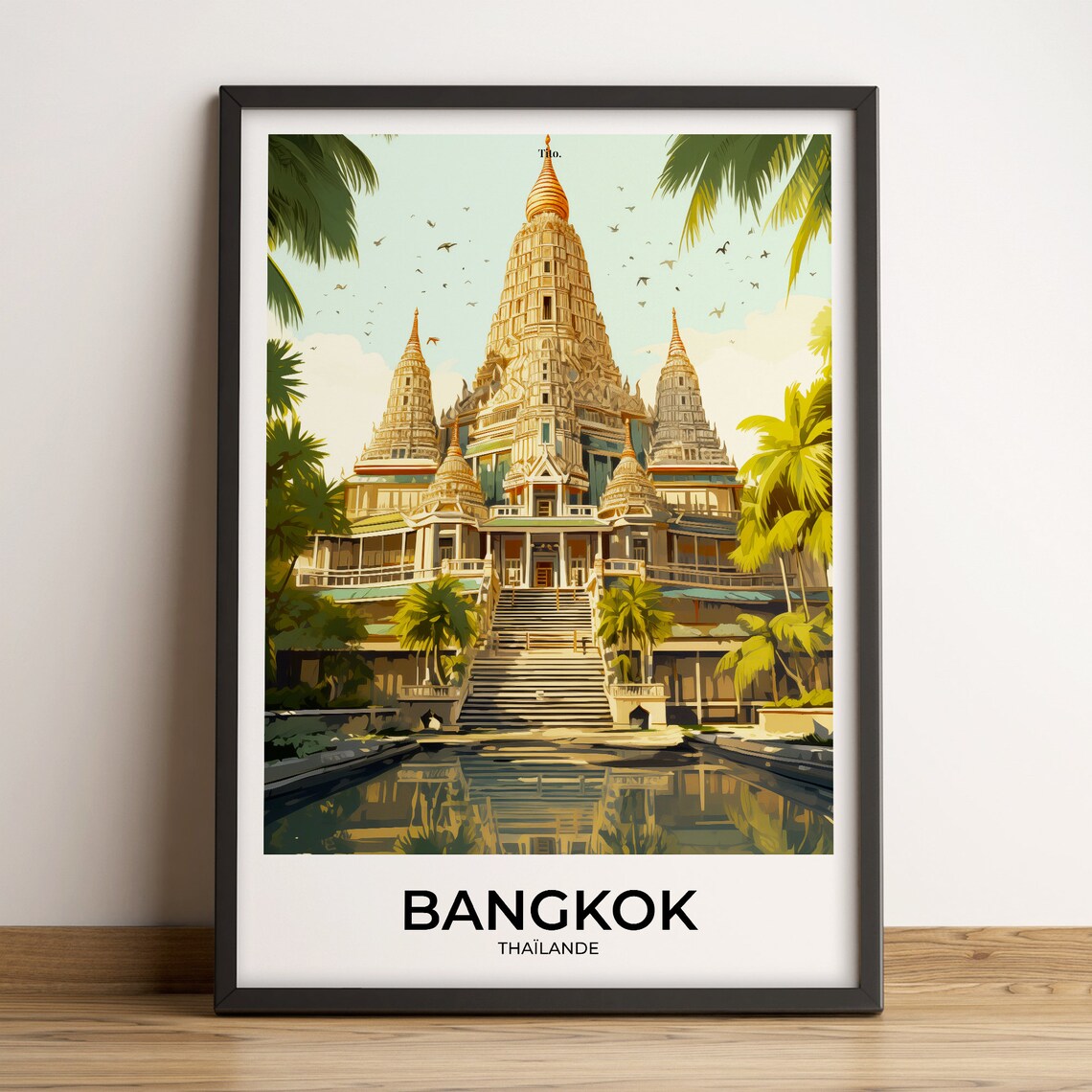 Bangkok Thailand Golden Temple Palm Gardens Pool Travel Poster