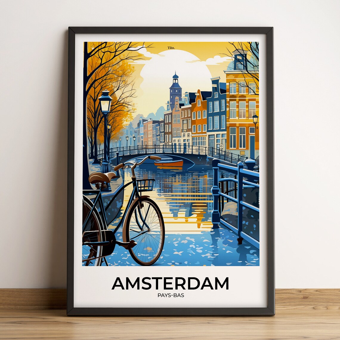 Amsterdam Canal Bicycle Autumn Bridge Illustrated Travel Art Poster