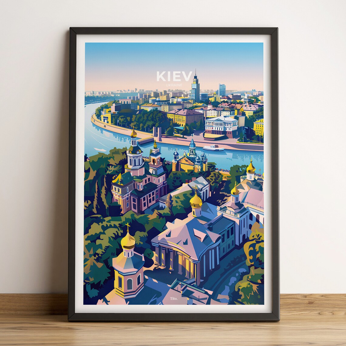 Kyiv Ukraine Church Domes Green Hills Golden Vintage Travel Poster