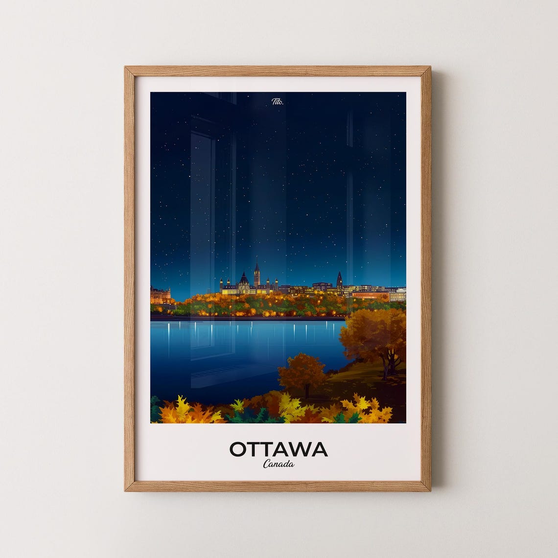 Ottawa Canada Starry Night Skyline Over the River Travel Poster