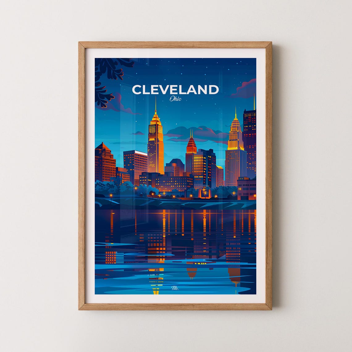 Cleveland Ohio Skyline Travel Poster Night Lakefront View Art