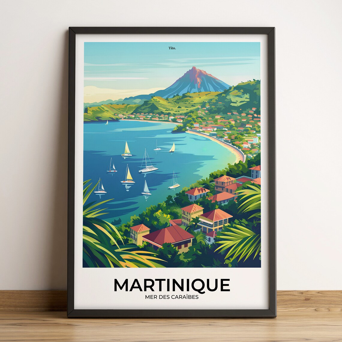 Martinique Caribbean Bay Sailboats Volcano Illustrated Travel Poster