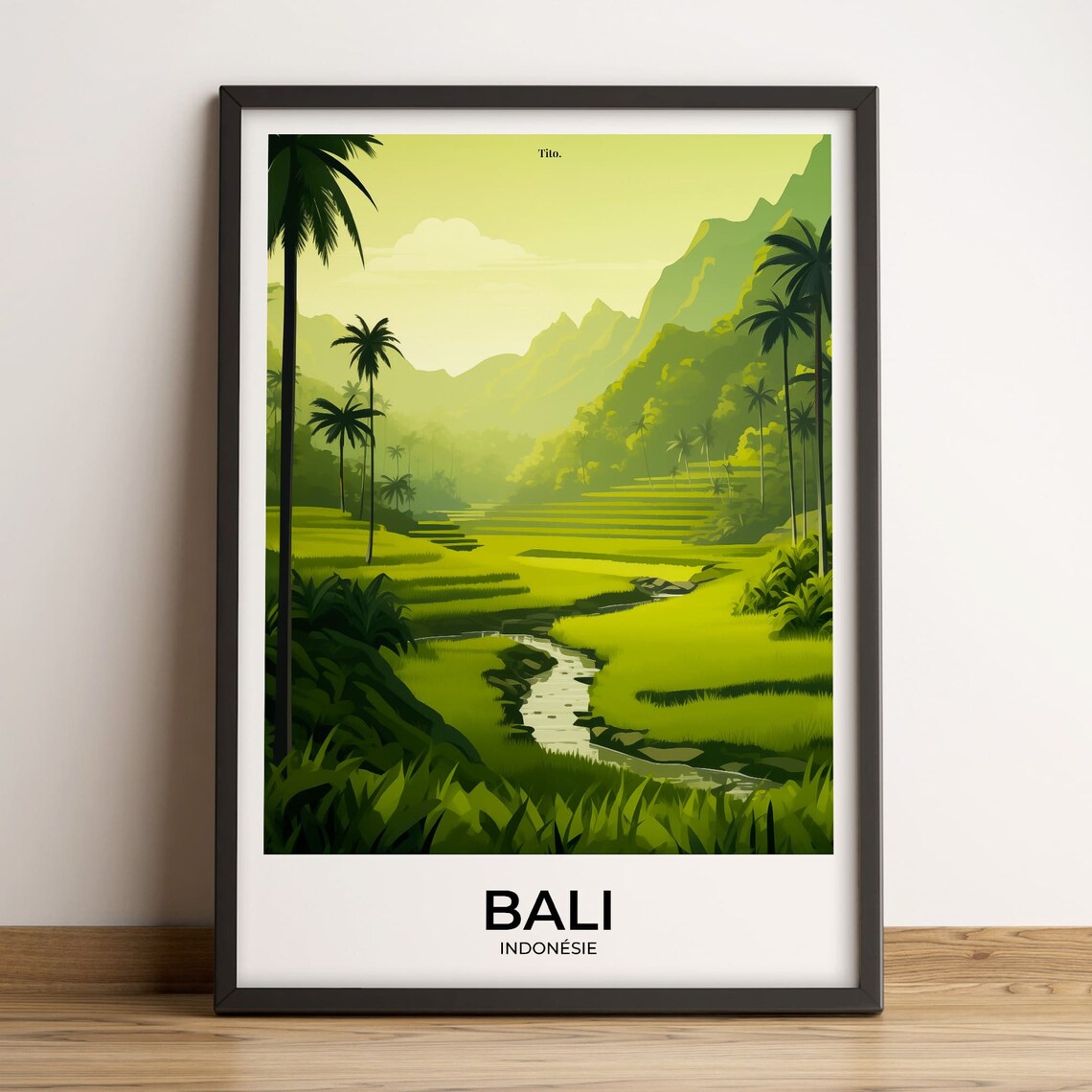 Bali Indonesia Rice Terrace Palm Mountain Retro Illustration Poster