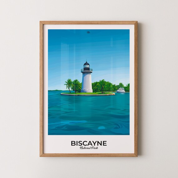 Biscayne National Park White Lighthouse Tropical Island Boat Scene Poster