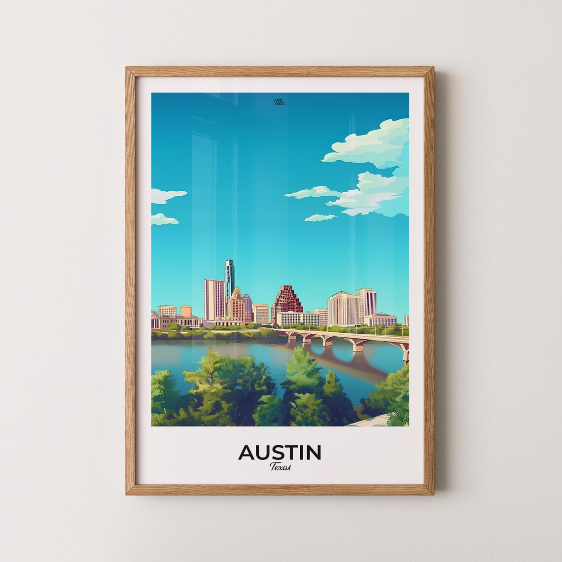 Austin Texas River Skyline Bridge Green Trees Scenic Travel Poster