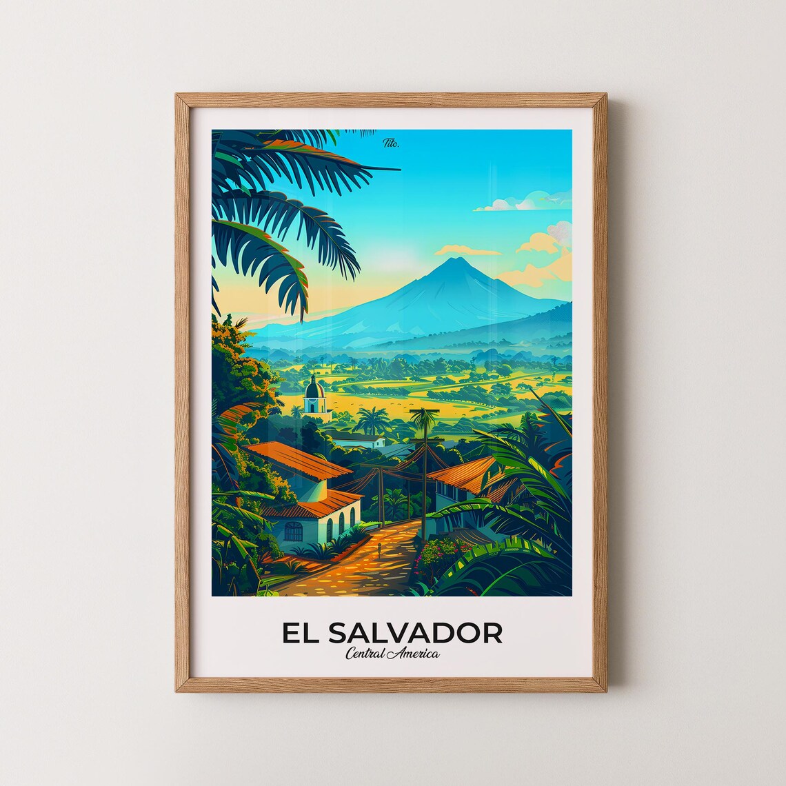 El Salvador Colonial Town Church Tower Volcano Valley Morning Poster