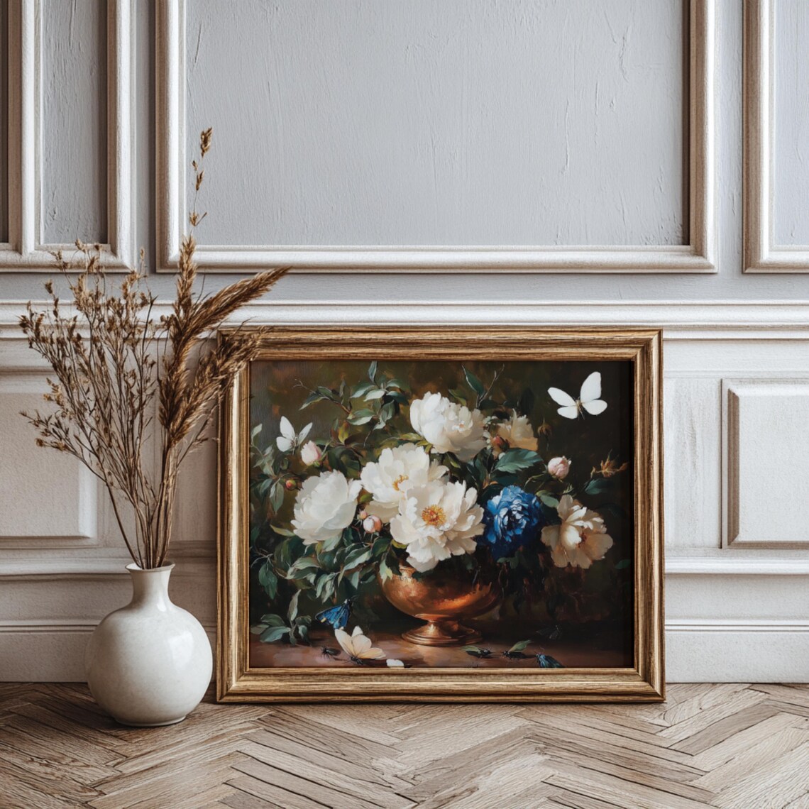 White Peonies Copper Bowl Butterflies Moody Floral Still Life Poster - Image 3