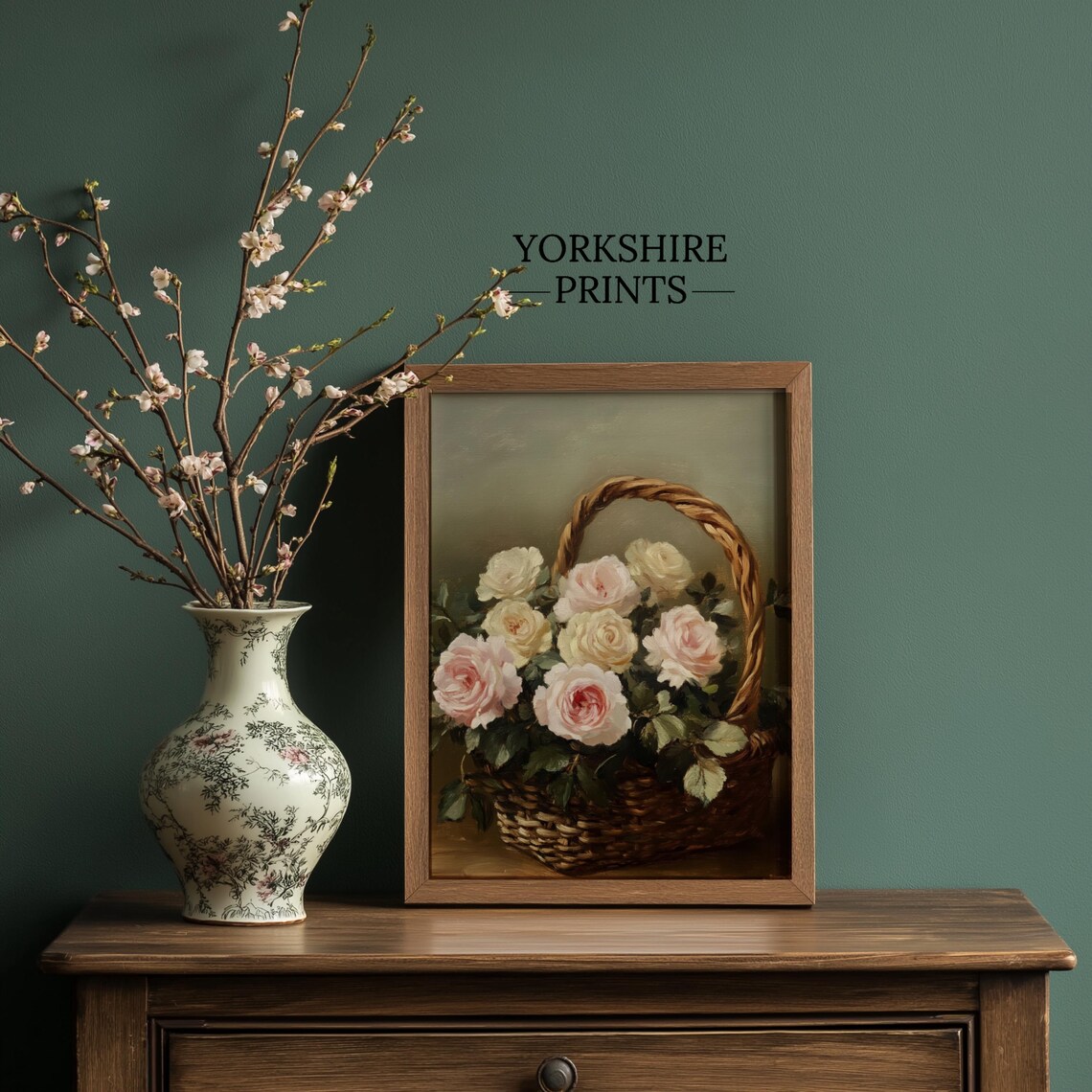 Blush Pink Roses Wicker Basket Vintage Farmhouse Floral Art Poster - Image 3