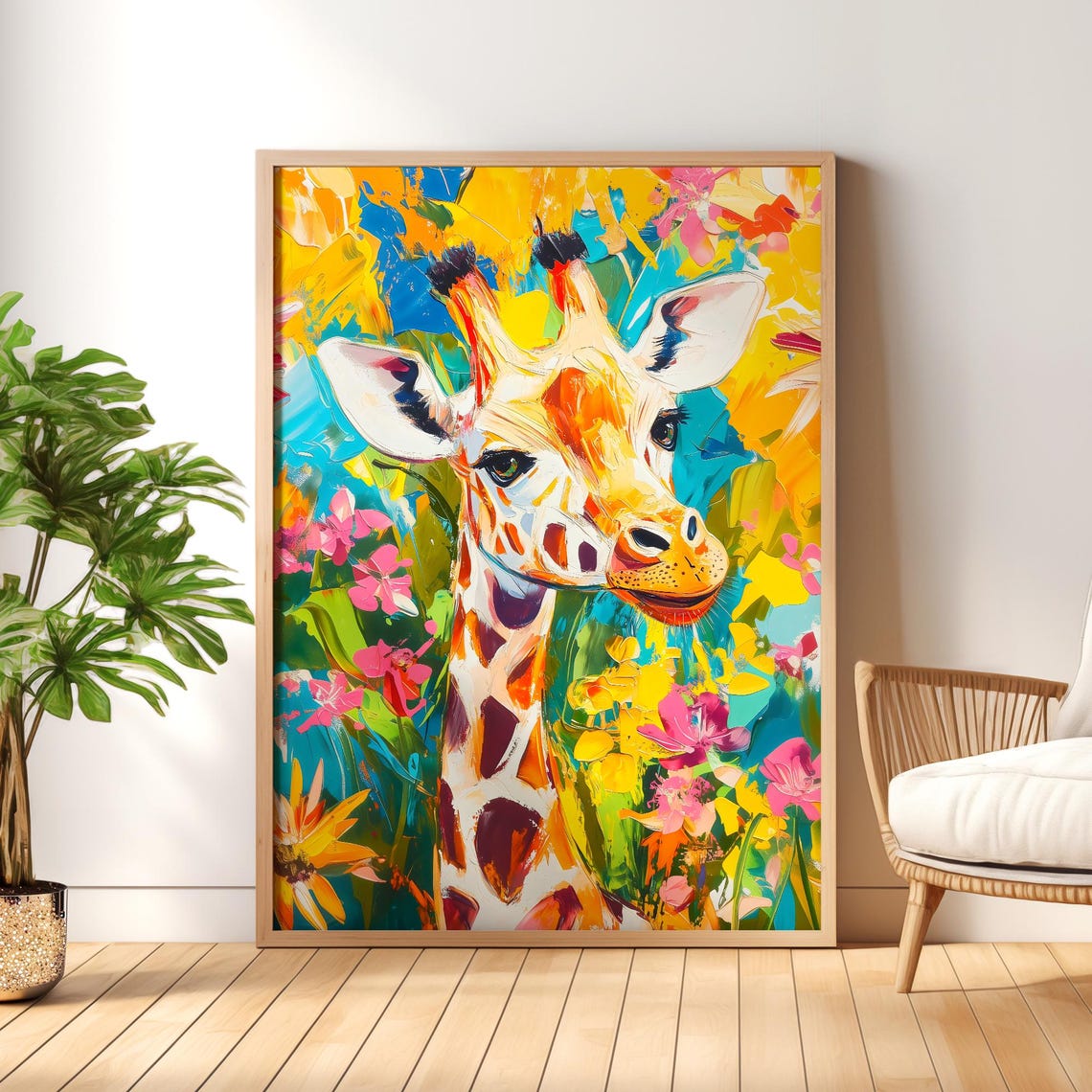 Giraffe Portrait in Bright Abstract Paint With Flowers Poster - Image 7