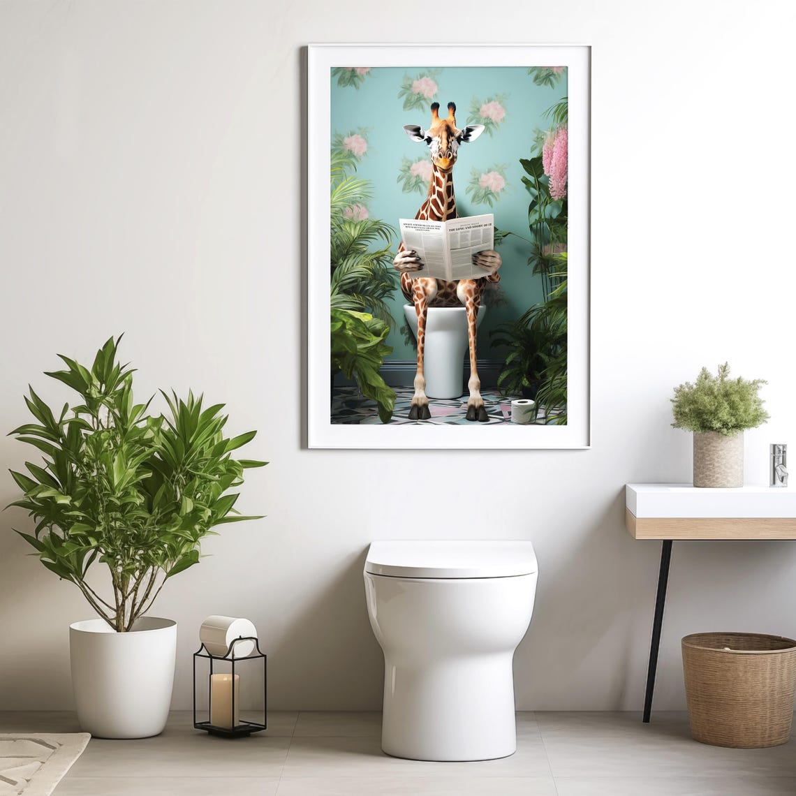 Giraffe Sitting on a Toilet Reading the Newspaper Bathroom Poster - Image 3