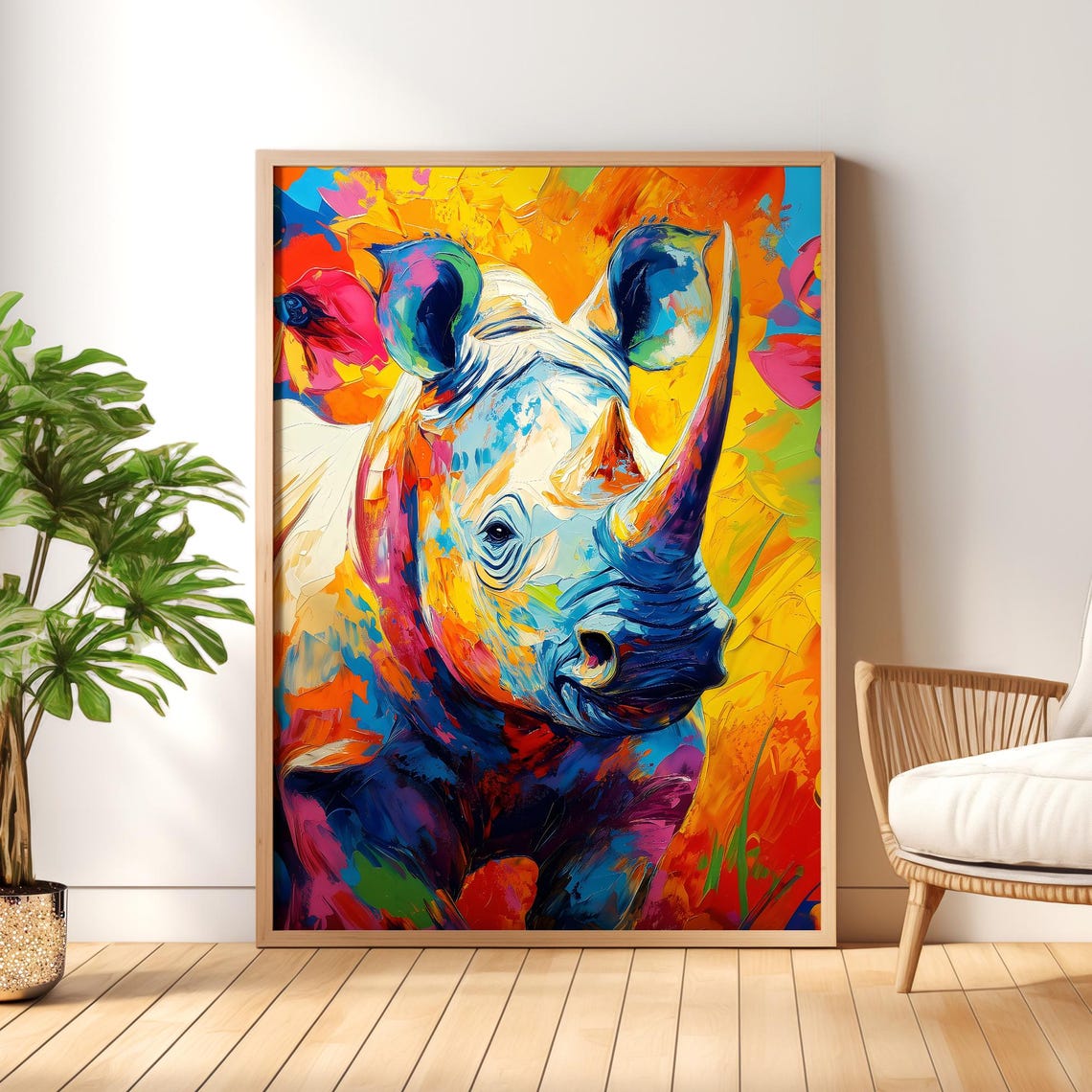 Rhinoceros in Bold Rainbow Abstract Paint Wild Animal Poster