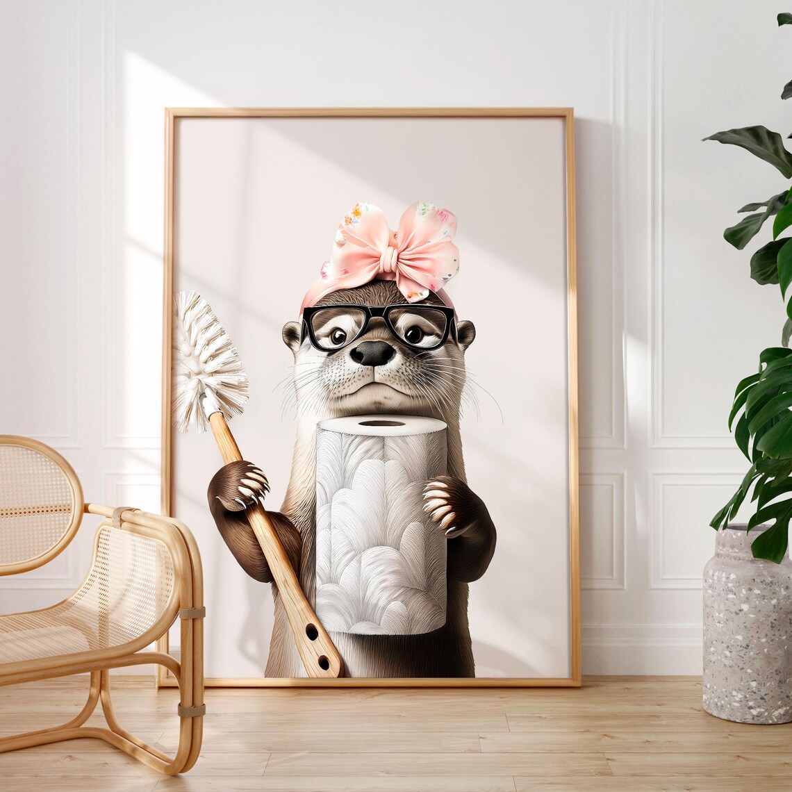 Otter With Toilet Brush and Toilet Paper Cute Bathroom Poster