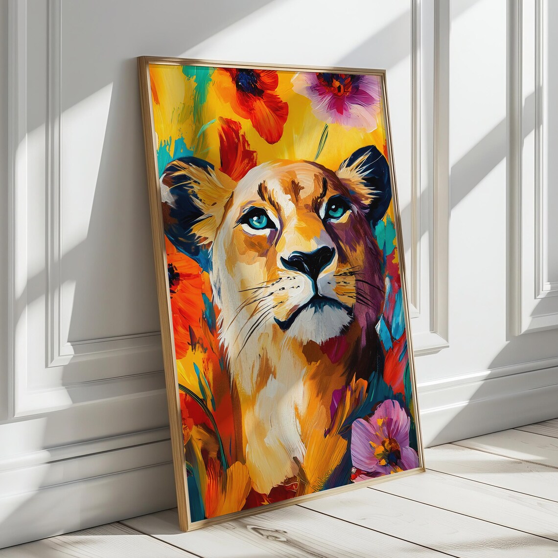 Lioness Portrait in Bold Colorful Paint With Blooming Flowers Poster - Image 4