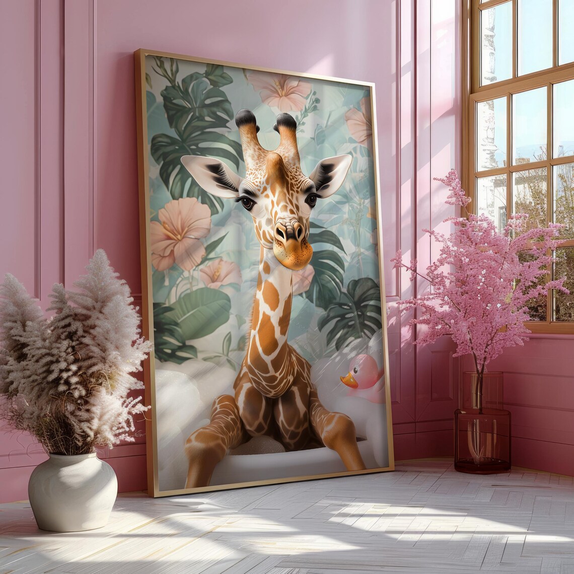 Giraffe in a Bubble Bath With a Rubber Duck in a Tropical Bathroom Poster - Image 5